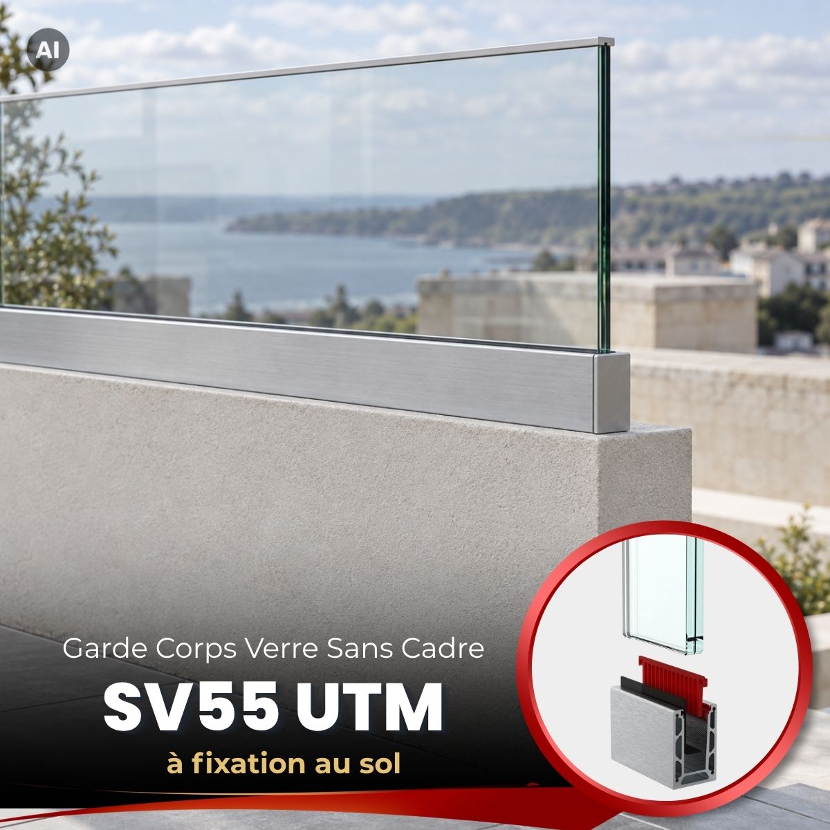 Garde-corps en verre SV55 UTM à fixation au sol – Système à cales