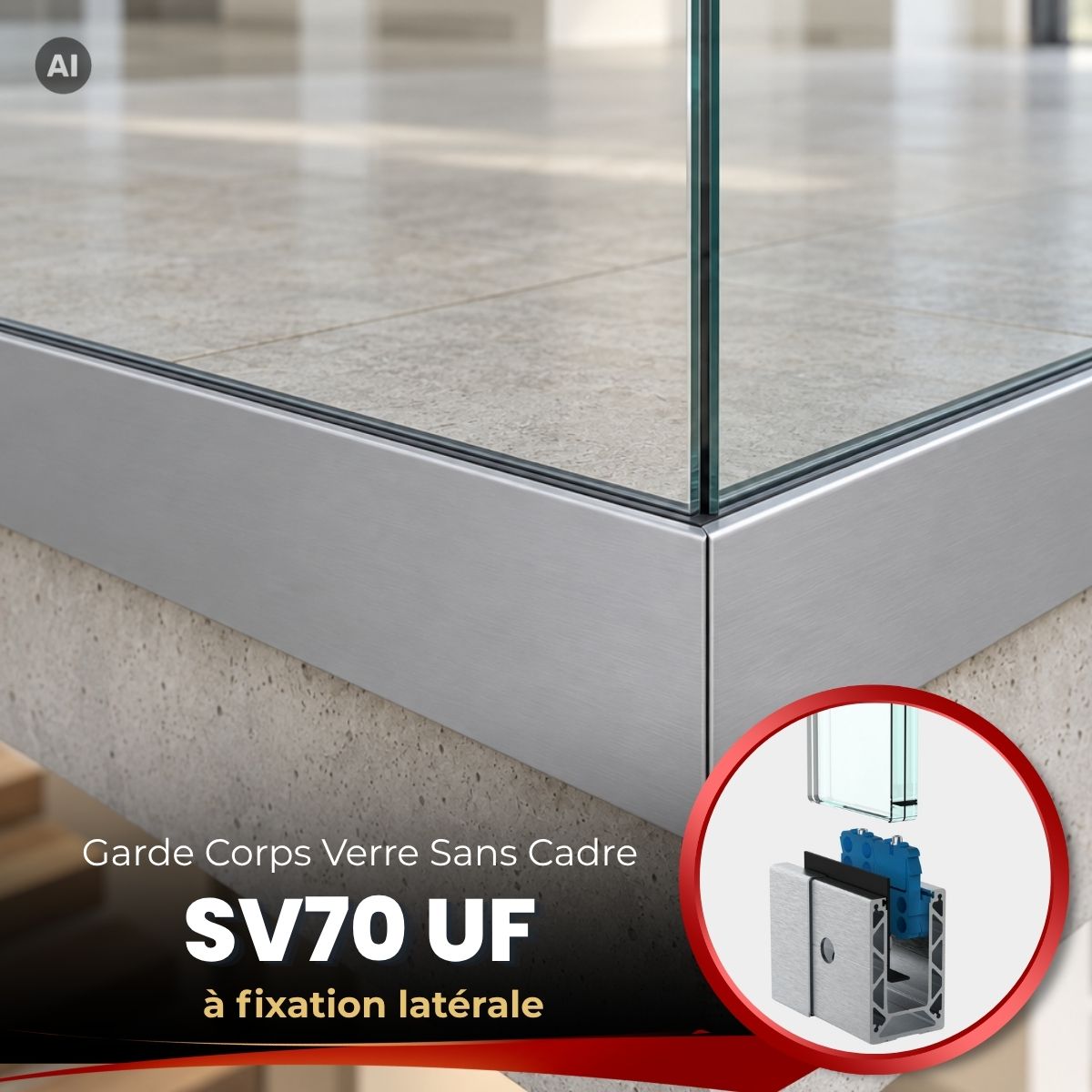 Garde-corps en verre SV70 UF à fixation latérale – Système réglable