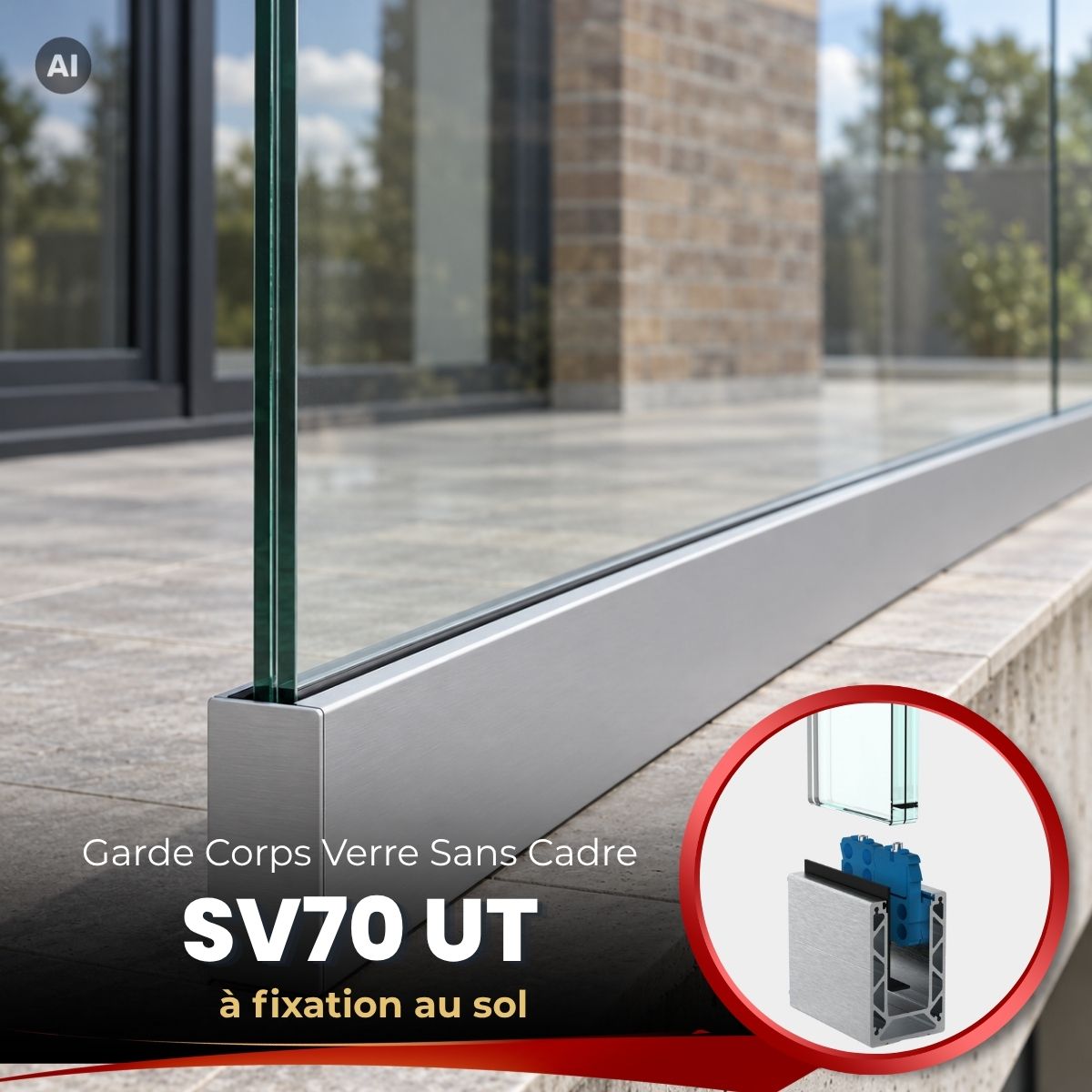 Garde-corps en verre SV70 UT à fixation au sol – Système réglable