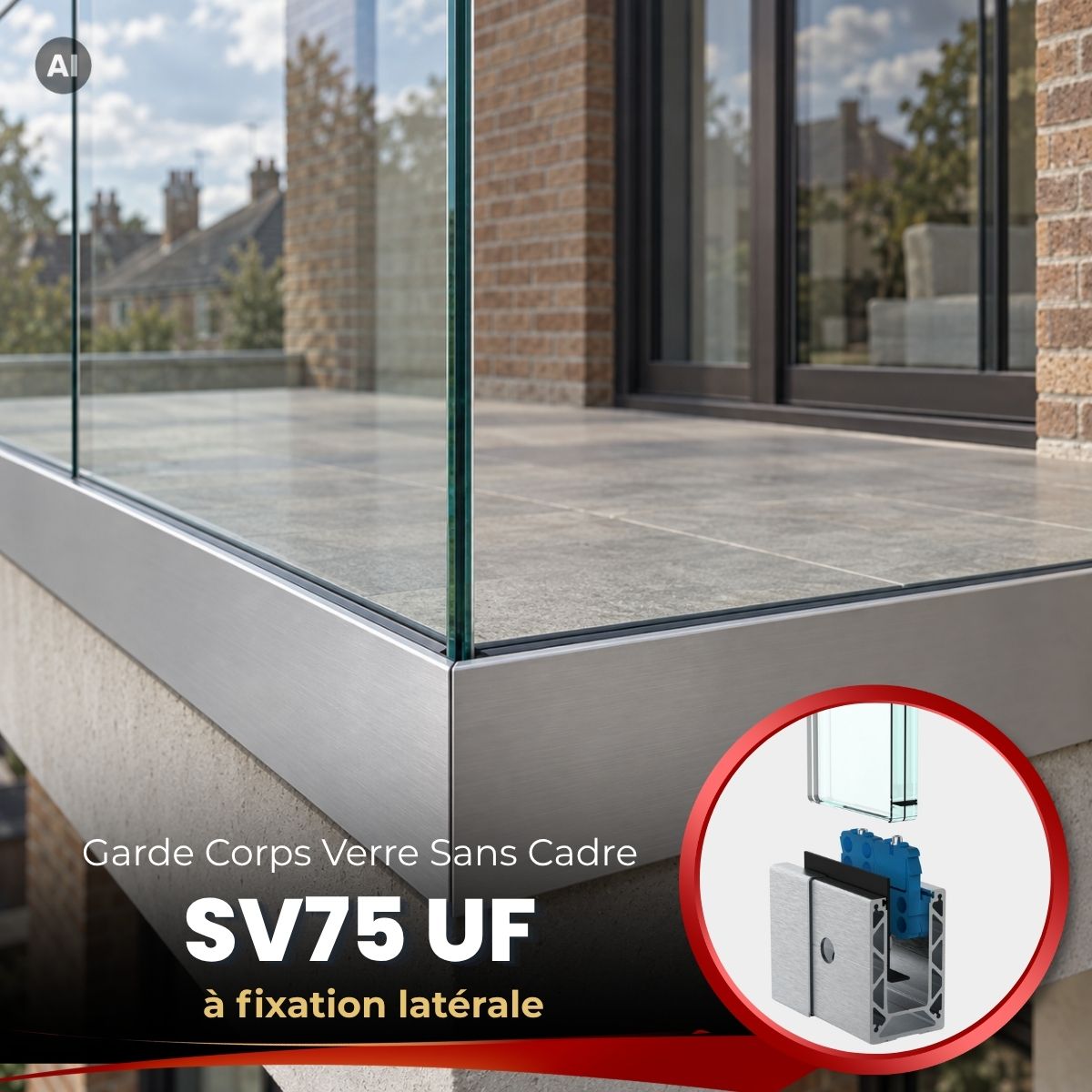 Garde-corps en verre SV75 UF à fixation latérale – Système réglable