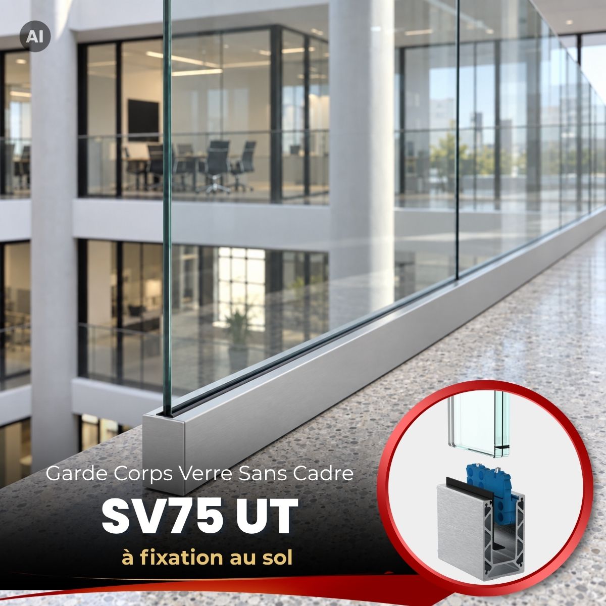 Garde-corps en verre SV75 UT à fixation au sol – Système réglable